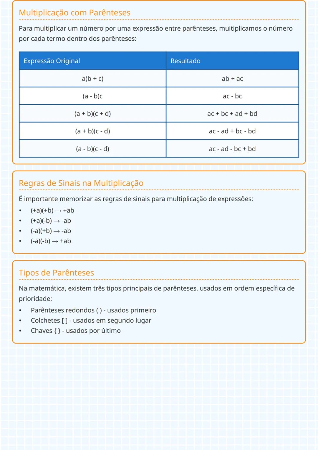 # Expressões com Parênteses

## Regras Básicas

Na matemática, existem regras fundamentais para a ordem das operações. Geralmente,
multiplic