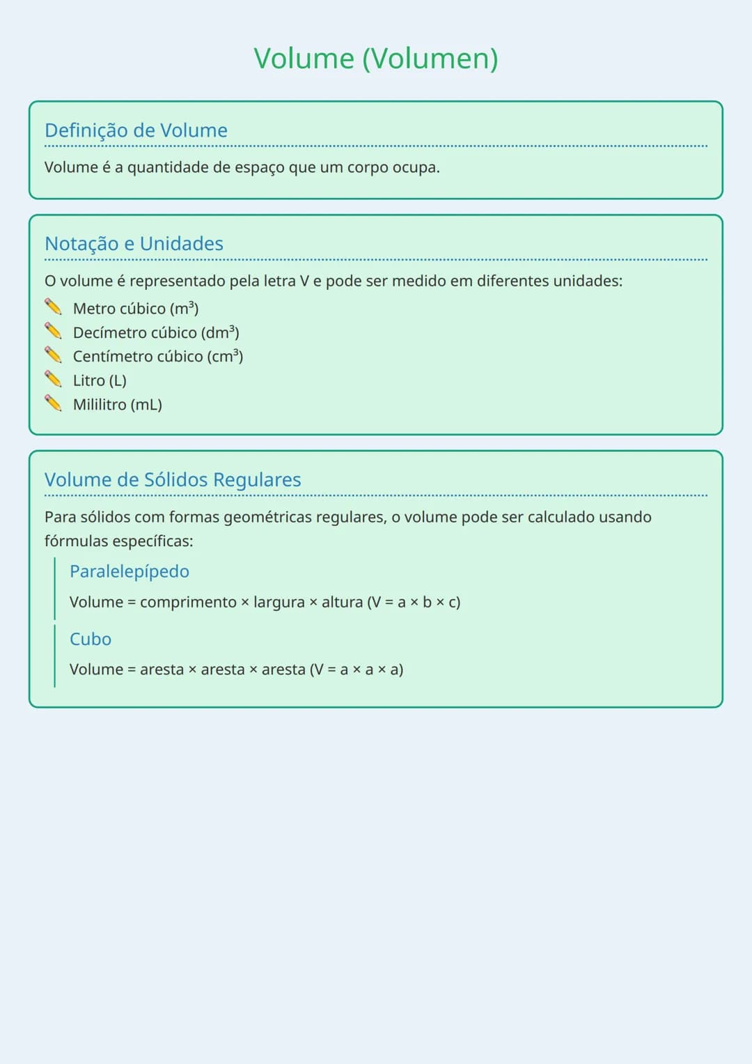 # Volume (Volumen)

## Definição de Volume
Volume é a quantidade de espaço que um corpo ocupa.

## Notação e Unidades
O volume é representad