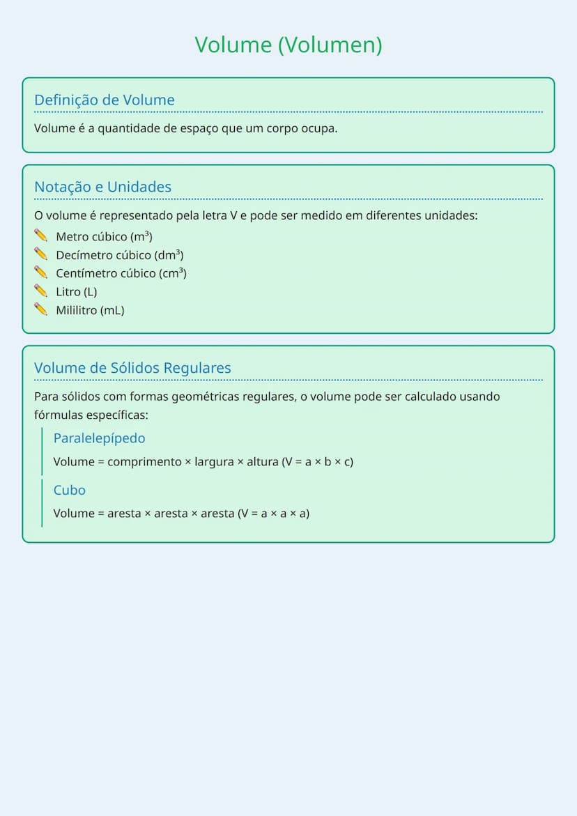 # Volume (Volumen)

## Definição de Volume
Volume é a quantidade de espaço que um corpo ocupa.

## Notação e Unidades
O volume é representad