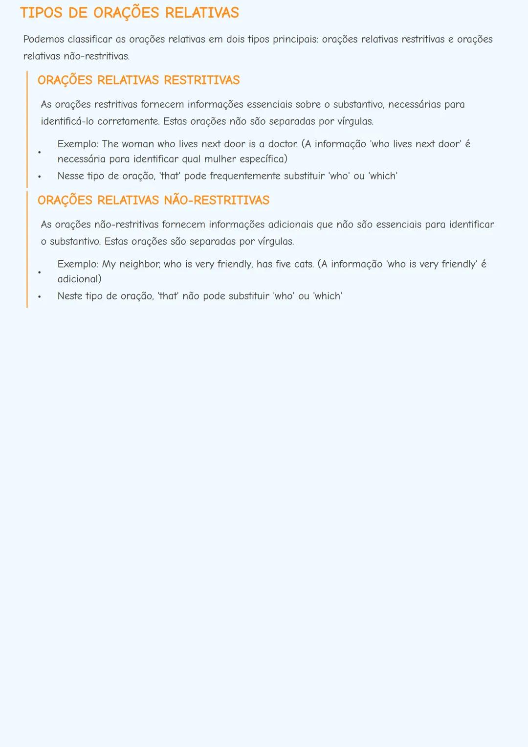 # ORAÇÕES RELATIVAS EM INGLÊS (RELATIVE
CLAUSES)

# INTRODUÇÃO ÀS ORAÇÕES RELATIVAS
As orações relativas (relative clauses) são utilizadas p