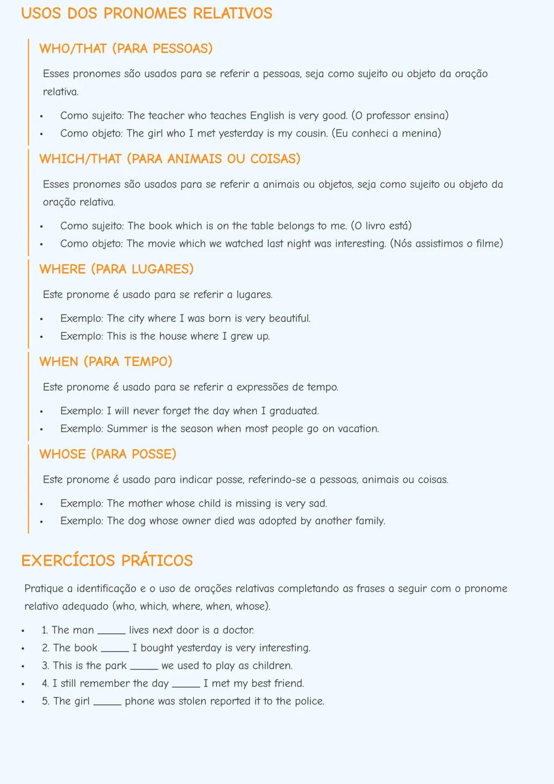 # ORAÇÕES RELATIVAS EM INGLÊS (RELATIVE
CLAUSES)

# INTRODUÇÃO ÀS ORAÇÕES RELATIVAS
As orações relativas (relative clauses) são utilizadas p