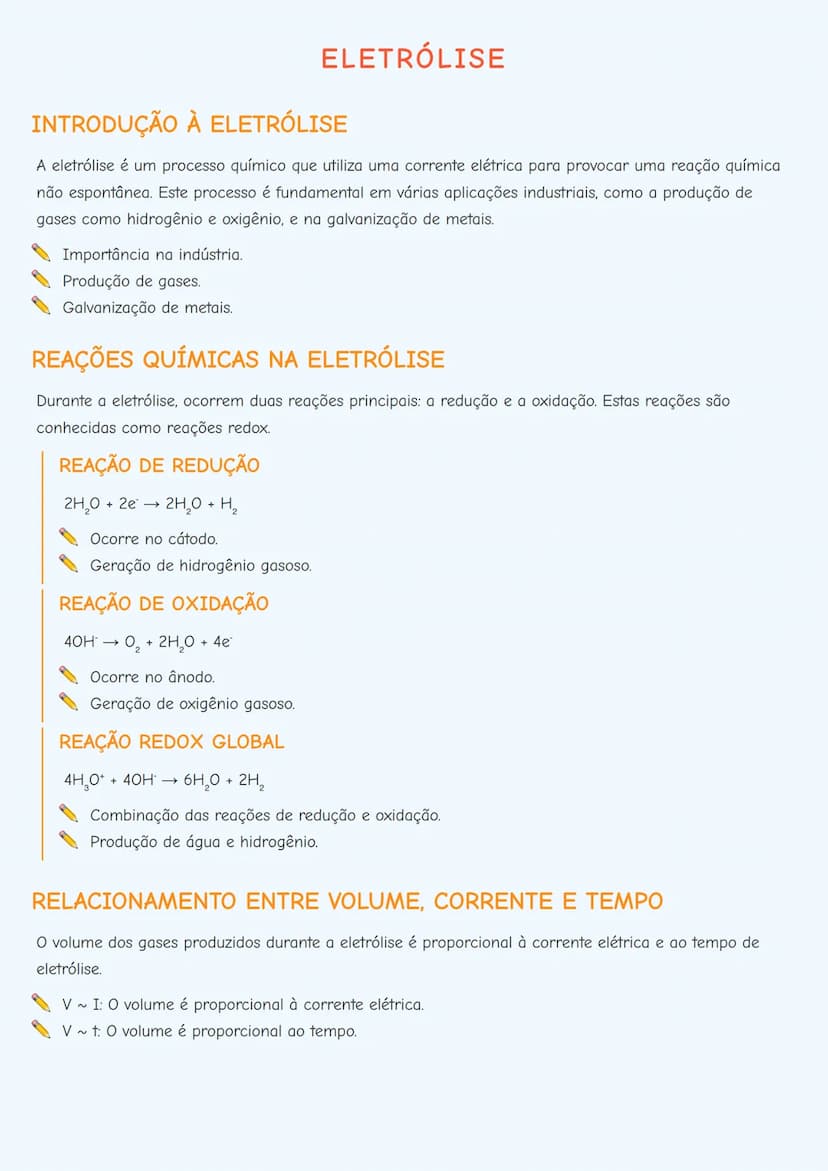 # ELETRÓLISE

# INTRODUÇÃO À ELETRÓLISE
A eletrólise é um processo químico que utiliza uma corrente elétrica para provocar uma reação químic