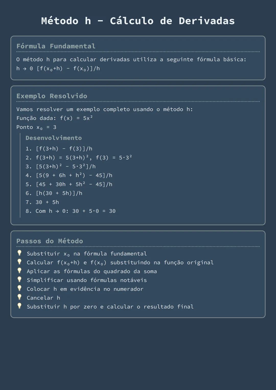 --- OCR Start ---
Método h - Cálculo de Derivadas
Fórmula Fundamental
O método h para calcular derivadas utiliza a seguinte fórmula básica:
