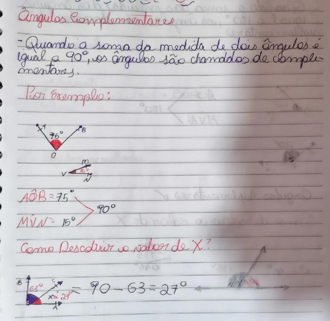 angulos Complementares...

- Quandis a soma da medida de dois ângulos é
igual a 90°, vos ângulos são chamados de comple
mentares.

Por Exemp