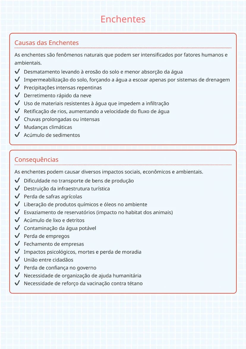 # Enchentes

## Causas das Enchentes

As enchentes são fenômenos naturais que podem ser intensificados por fatores humanos e
ambientais.

- 