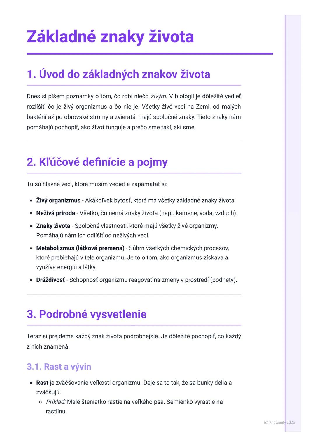 # Základné znaky života

1. Úvod do základných znakov života

Dnes si píšem poznámky o tom, čo robí niečo živým. V biológii je dôležité vedi