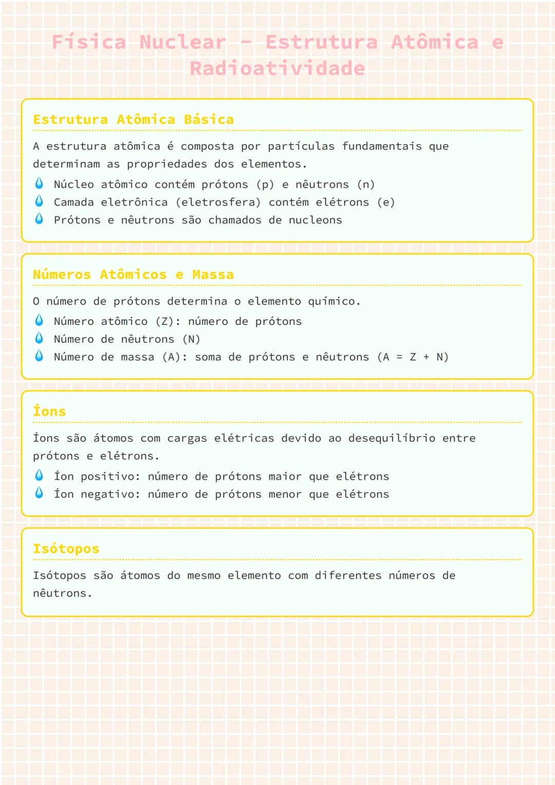 # Física Nuclear - Estrutura Atômica e
Radioatividade

# Estrutura Atômica Básica
A estrutura atômica é composta por partículas fundamentais
