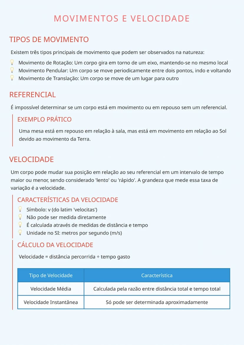 # MOVIMENTOS E VELOCIDADE

# TIPOS DE MOVIMENTO

Existem três tipos principais de movimento que podem ser observados na natureza:
✔ Moviment