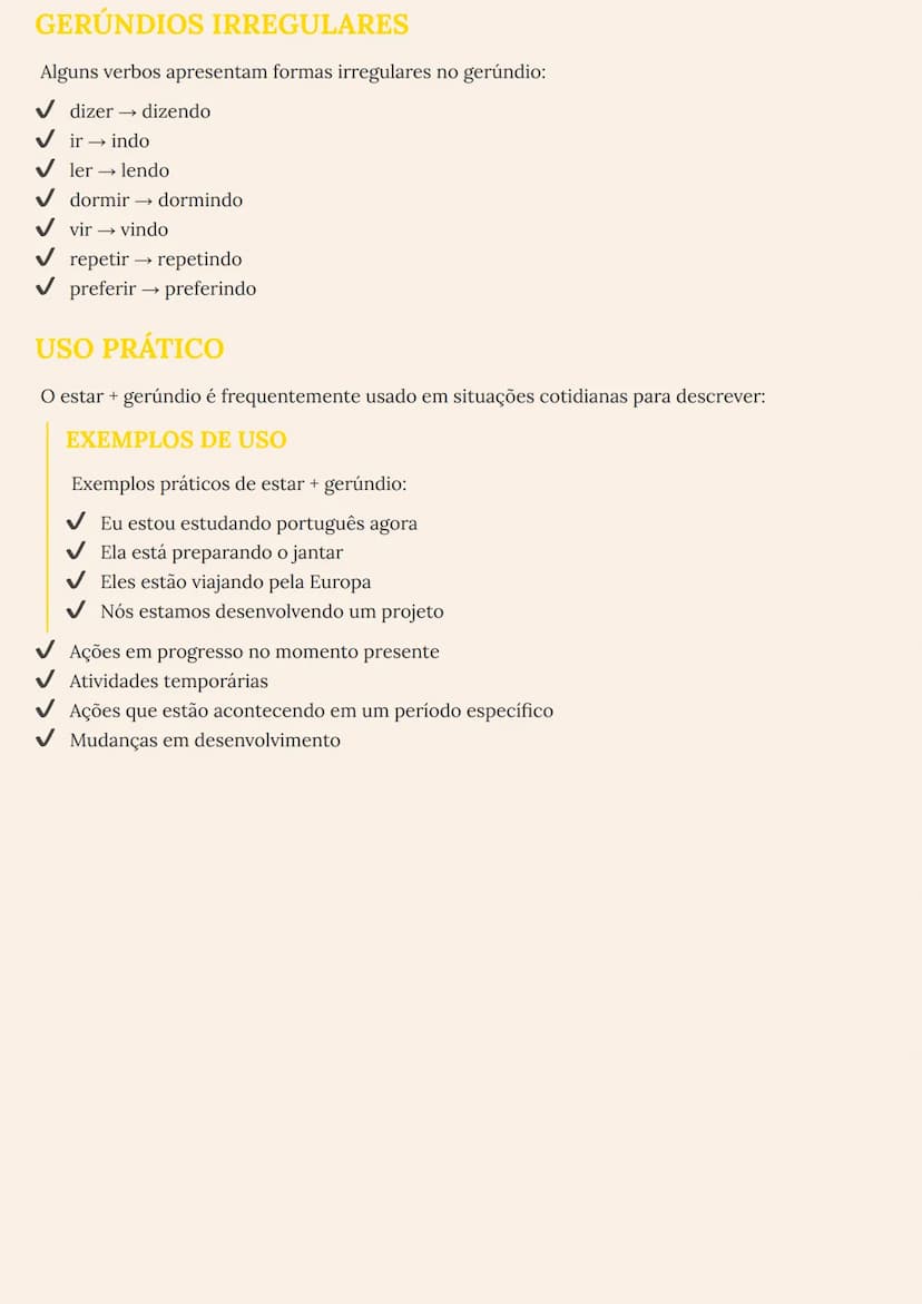 --- OCR Start ---
ESTAR + GERUNDIO EM PORTUGUÊS
ESTRUTURA DO ESTAR + GERÚNDIO
O estar + gerúndio é usado para expressar ações que estão acon