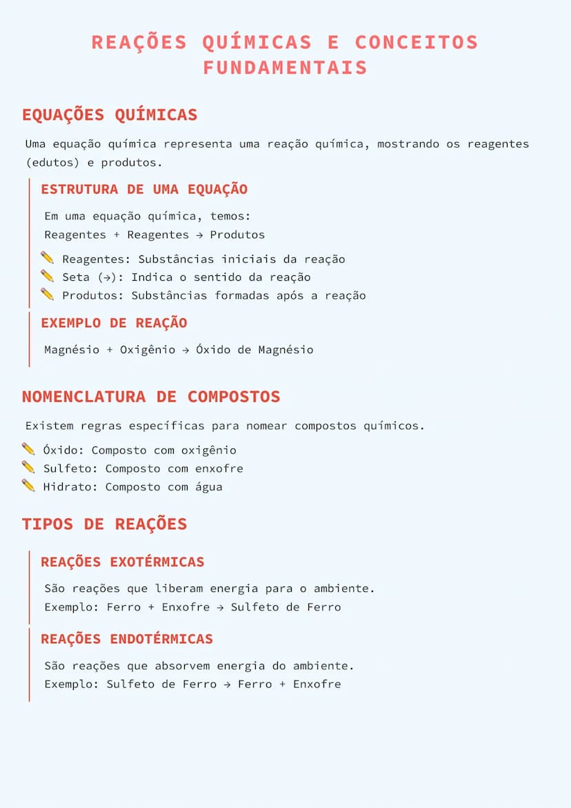 # REAÇÕES QUÍMICAS E CONCEITOS
# FUNDAMENTAIS

# EQUAÇÕES QUÍMICAS
Uma equação química representa uma reação química, mostrando os reagentes