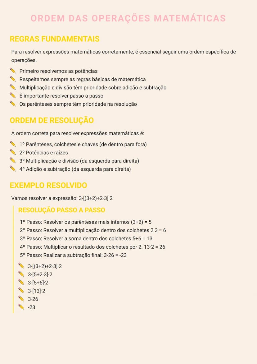 # ORDEM DAS OPERAÇÕES MATEMÁTICAS

# REGRAS FUNDAMENTAIS
Para resolver expressões matemáticas corretamente, é essencial seguir uma ordem esp