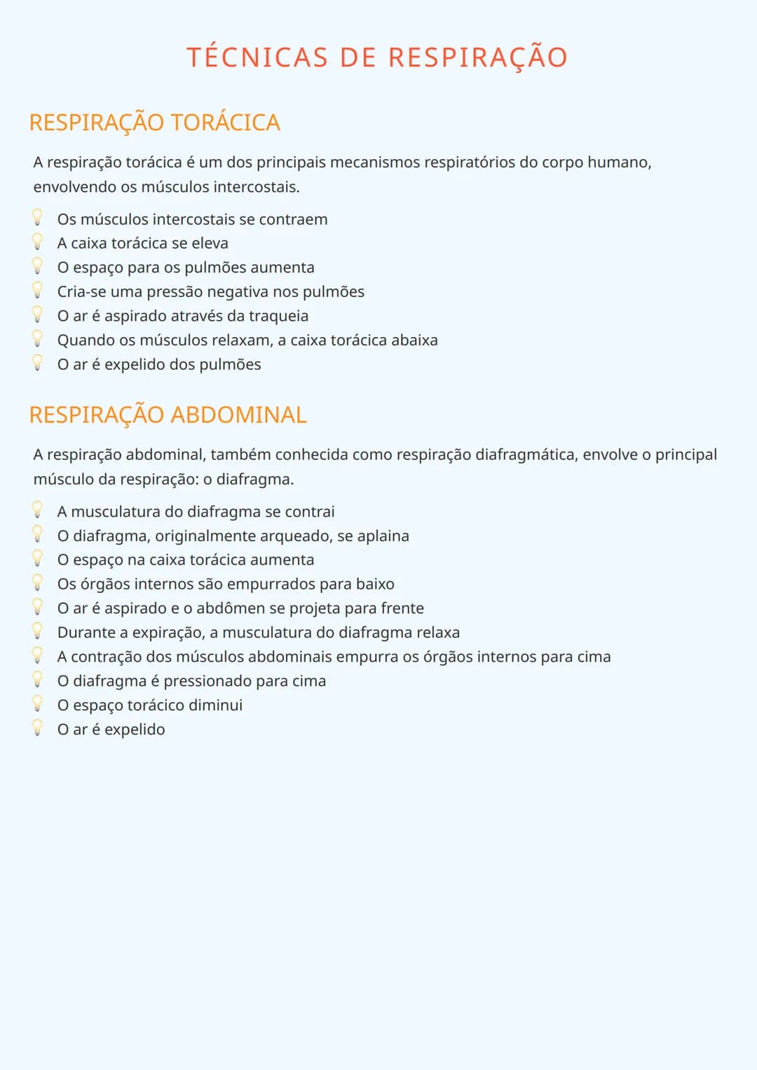 # TÉCNICAS DE RESPIRAÇÃO

# RESPIRAÇÃO TORÁCICA
A respiração torácica é um dos principais mecanismos respiratórios do corpo humano,
envolven