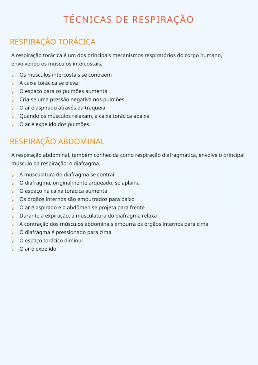 # TÉCNICAS DE RESPIRAÇÃO

# RESPIRAÇÃO TORÁCICA
A respiração torácica é um dos principais mecanismos respiratórios do corpo humano,
envolven