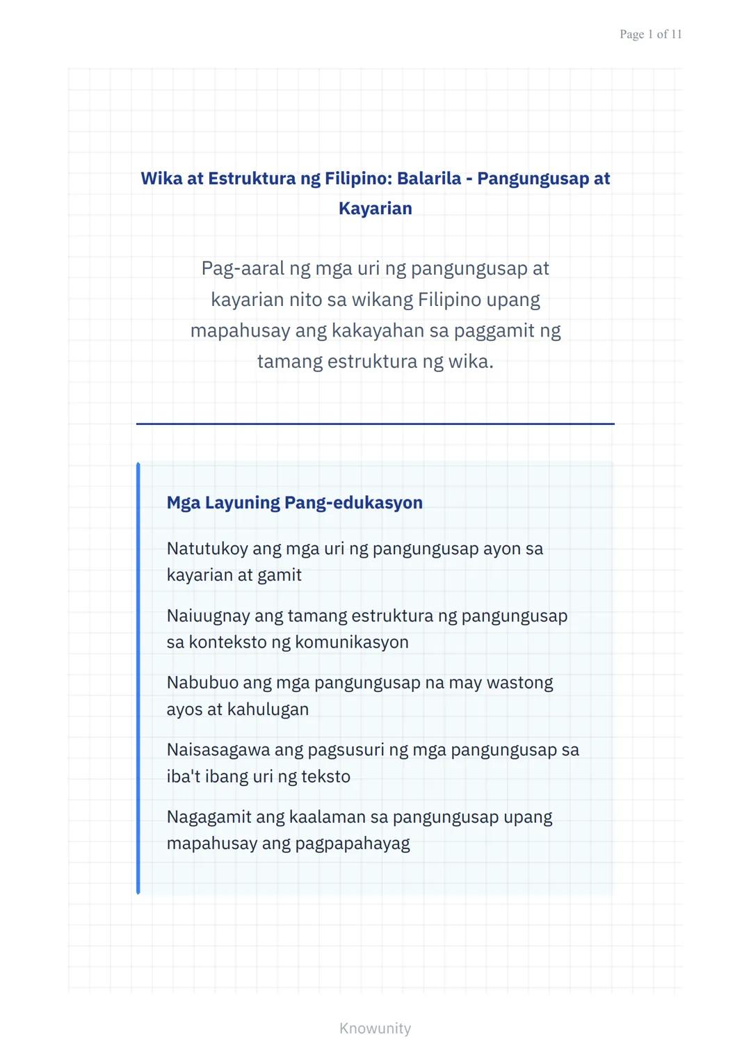 Wika at Estruktura ng Filipino: Balarila - Pangungusap at
Kayarian
Pag-aaral ng mga uri ng pangungusap at
kayarian nito sa wikang Filipino u