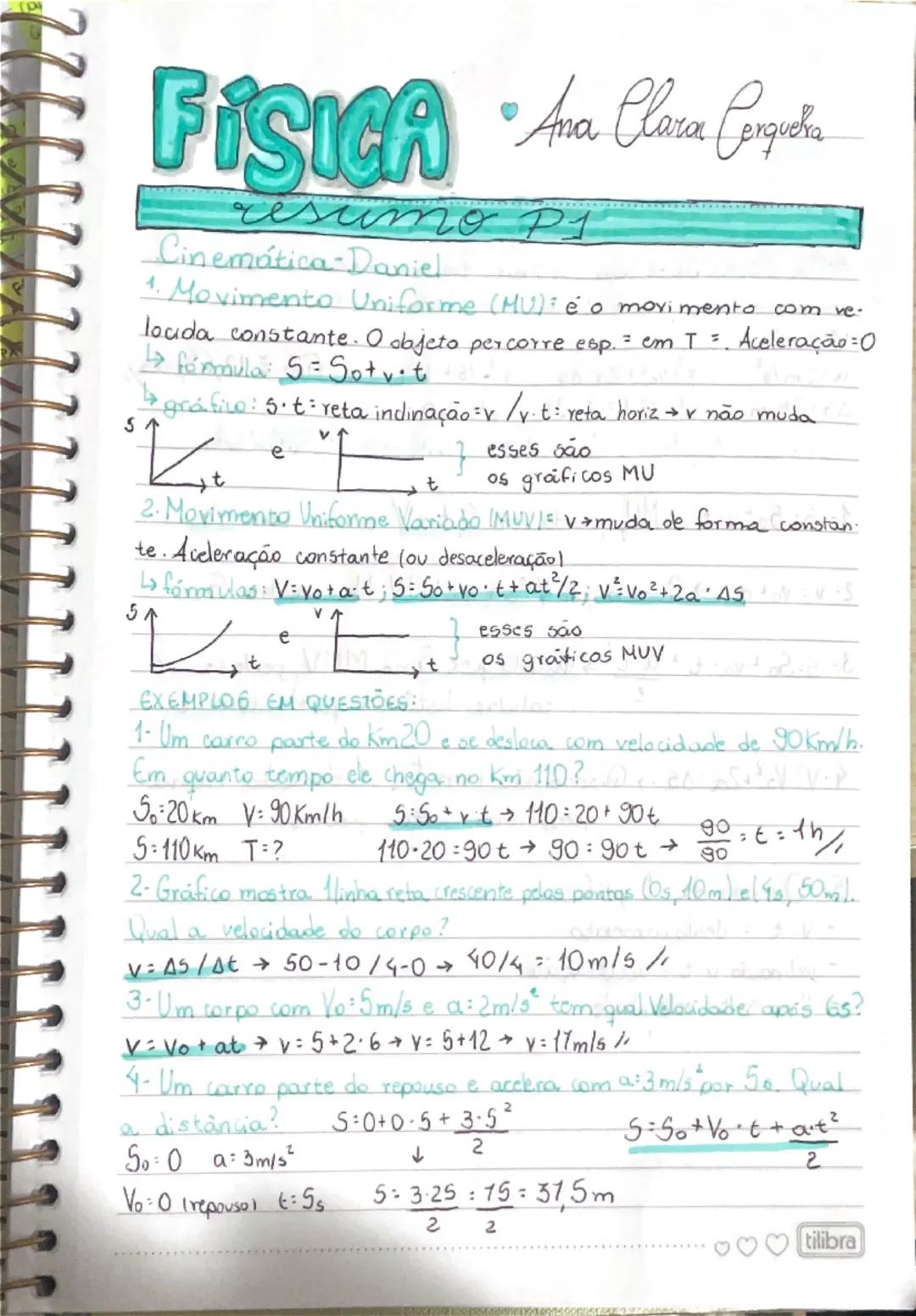## FÍSICA  ♡ Ana Clara Cerqueira
### resumo P1
### Cinemática-Daniel
1. **Movimento Uniforme (MU):** é o movimento com velocidade constante.