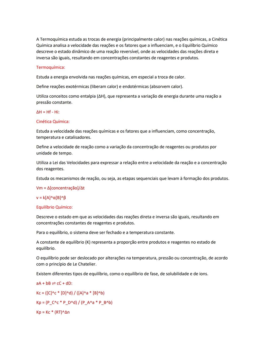 Termoquímica, Cinética Química e Equilíbrio Químico: Guia Resumido