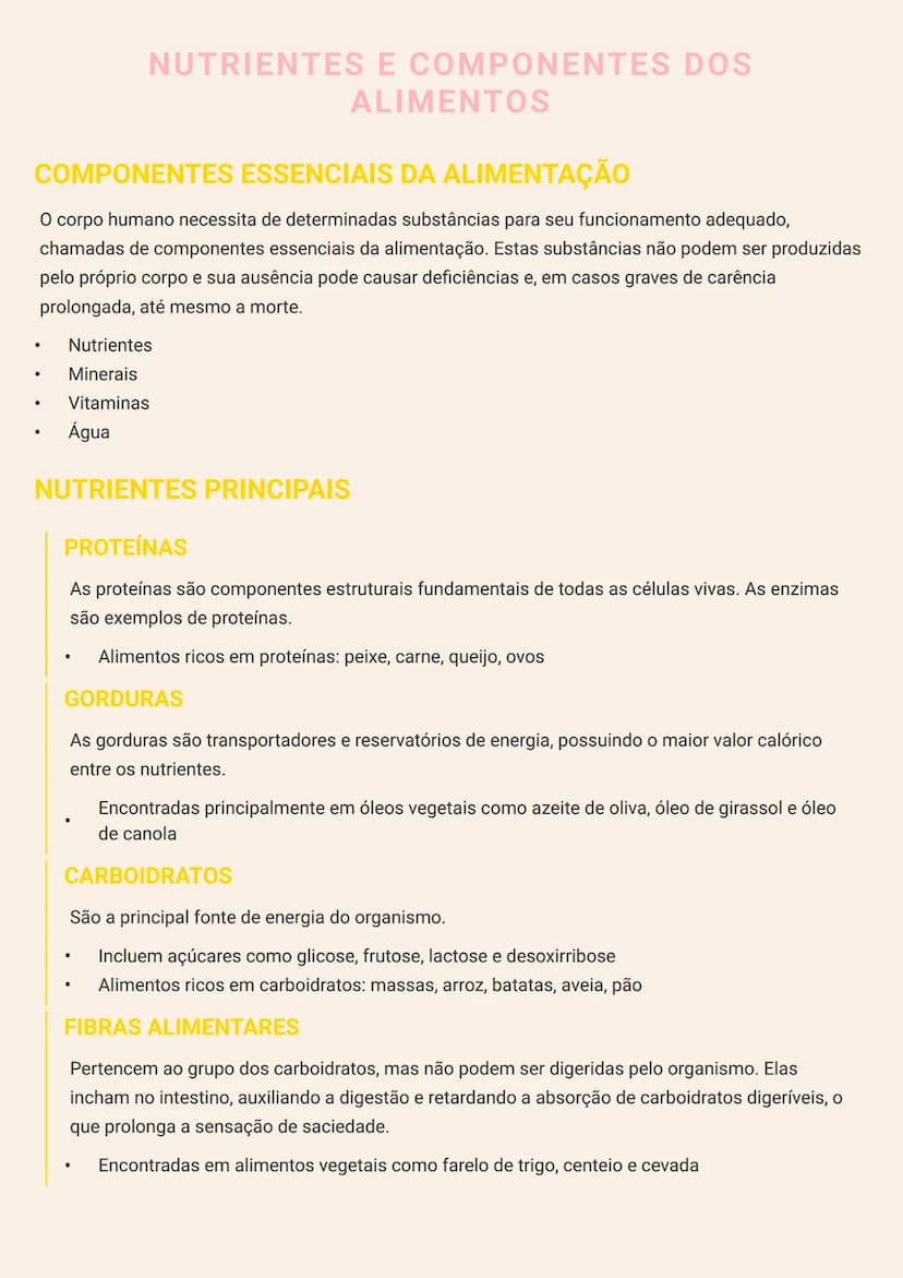 # NUTRIENTES E COMPONENTES DOS
# ALIMENTOS

# COMPONENTES ESSENCIAIS DA ALIMENTAÇÃO

O corpo humano necessita de determinadas substâncias pa