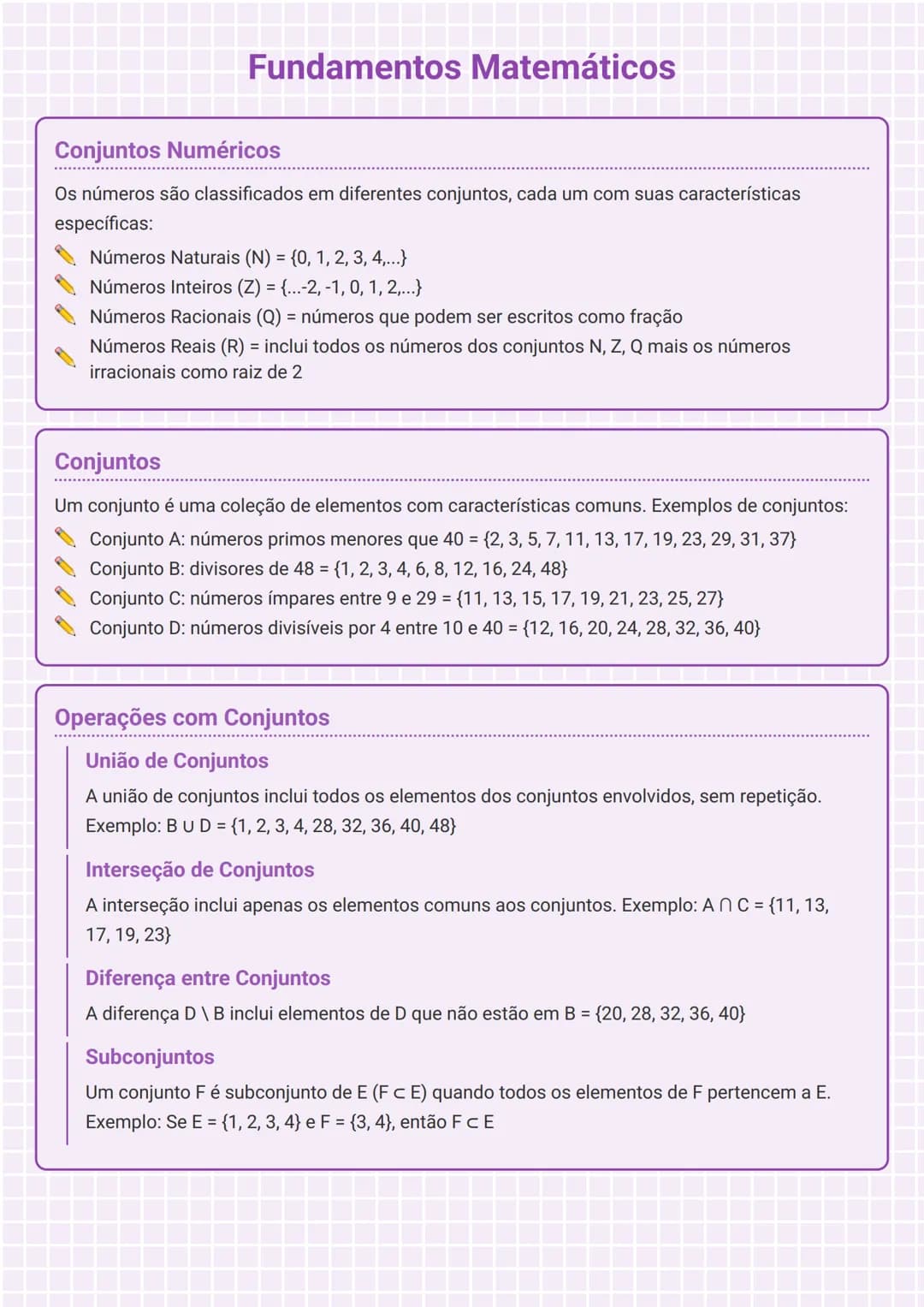 # Fundamentos Matemáticos

# Conjuntos Numéricos
Os números são classificados em diferentes conjuntos, cada um com suas características
espe