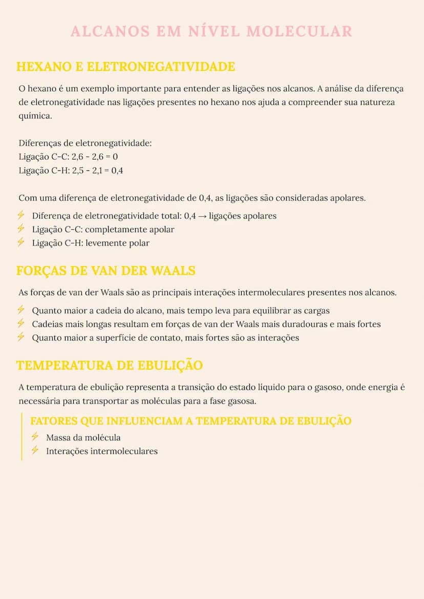 --- OCR Start ---
ALCANOS EM NÍVEL MOLECULAR
HEXANO E ELETRONEGATIVIDADE
O hexano é um exemplo importante para entender as ligações nos alca