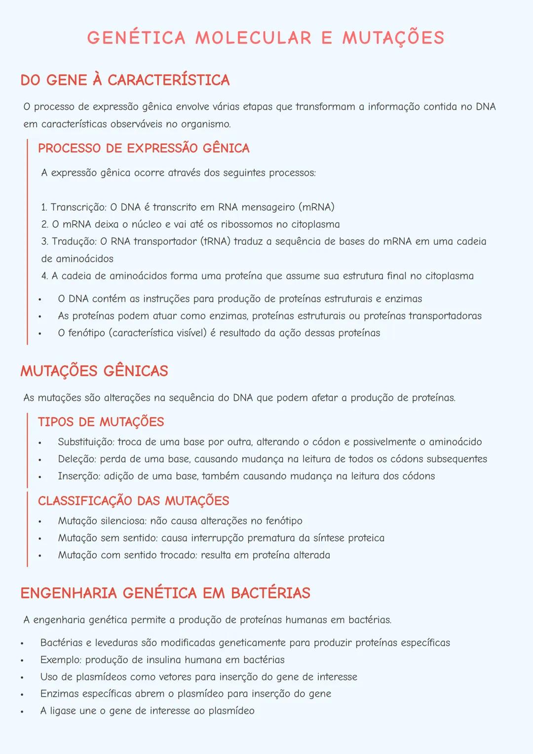 # GENÉTICA MOLECULAR E MUTAÇÕES

DO GENE À CARACTERÍSTICA

O processo de expressão gênica envolve várias etapas que transformam a informação