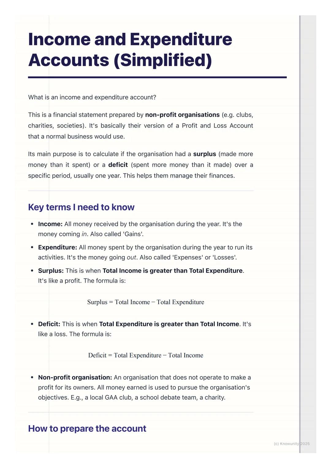 # Income and Expenditure
## Accounts (Simplified)

What is an income and expenditure account?

This is a financial statement prepared by non