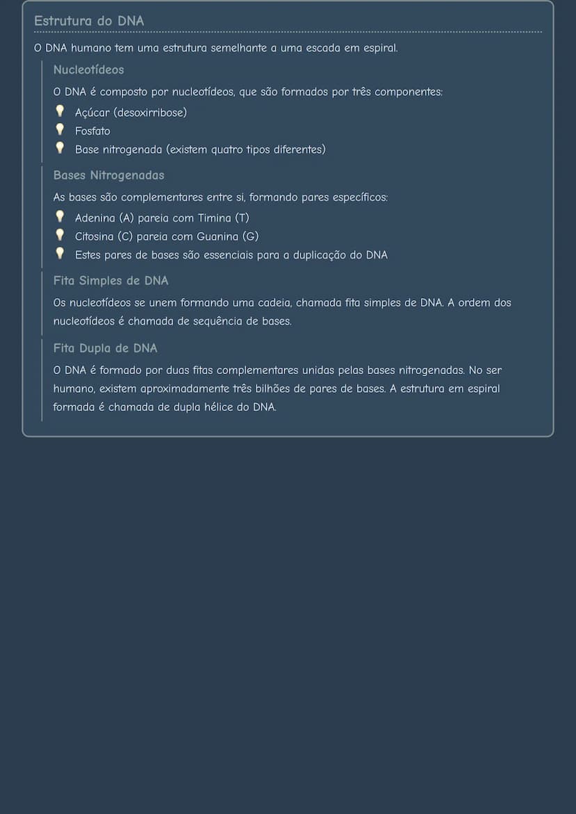 --- OCR Start ---
Estrutura do DNA
O DNA humano tem uma estrutura semelhante a uma escada em espiral.
Nucleotídeos
O DNA é composto por nucl