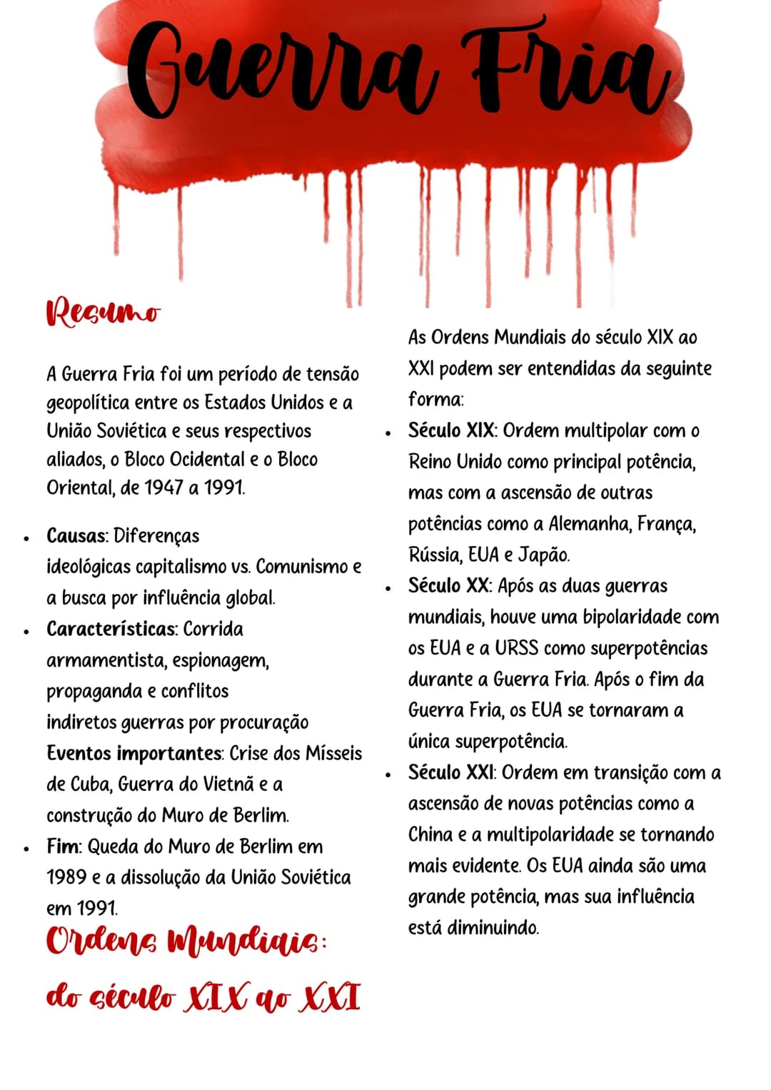 # Guerra Fria

## Resumo
A Guerra Fria foi um período de tensão
geopolítica entre os Estados Unidos e a
União Soviética e seus respectivos
a