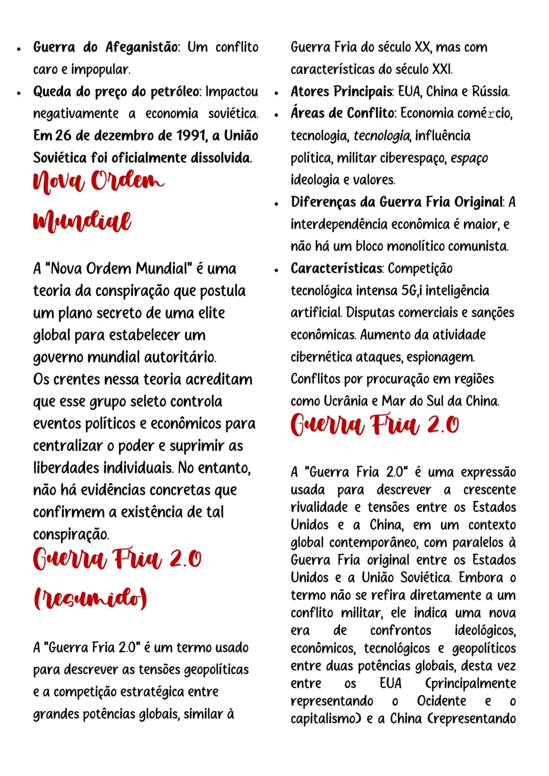 # Guerra Fria

## Resumo
A Guerra Fria foi um período de tensão
geopolítica entre os Estados Unidos e a
União Soviética e seus respectivos
a