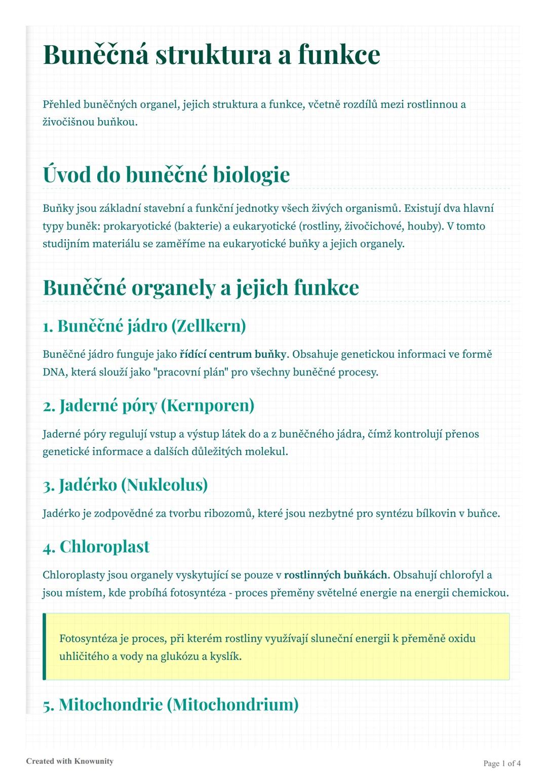 ## Buněčná struktura a funkce

Přehled buněčných organel, jejich struktura a funkce, včetně rozdílů mezi rostlinnou a
živočišnou buňkou.

##