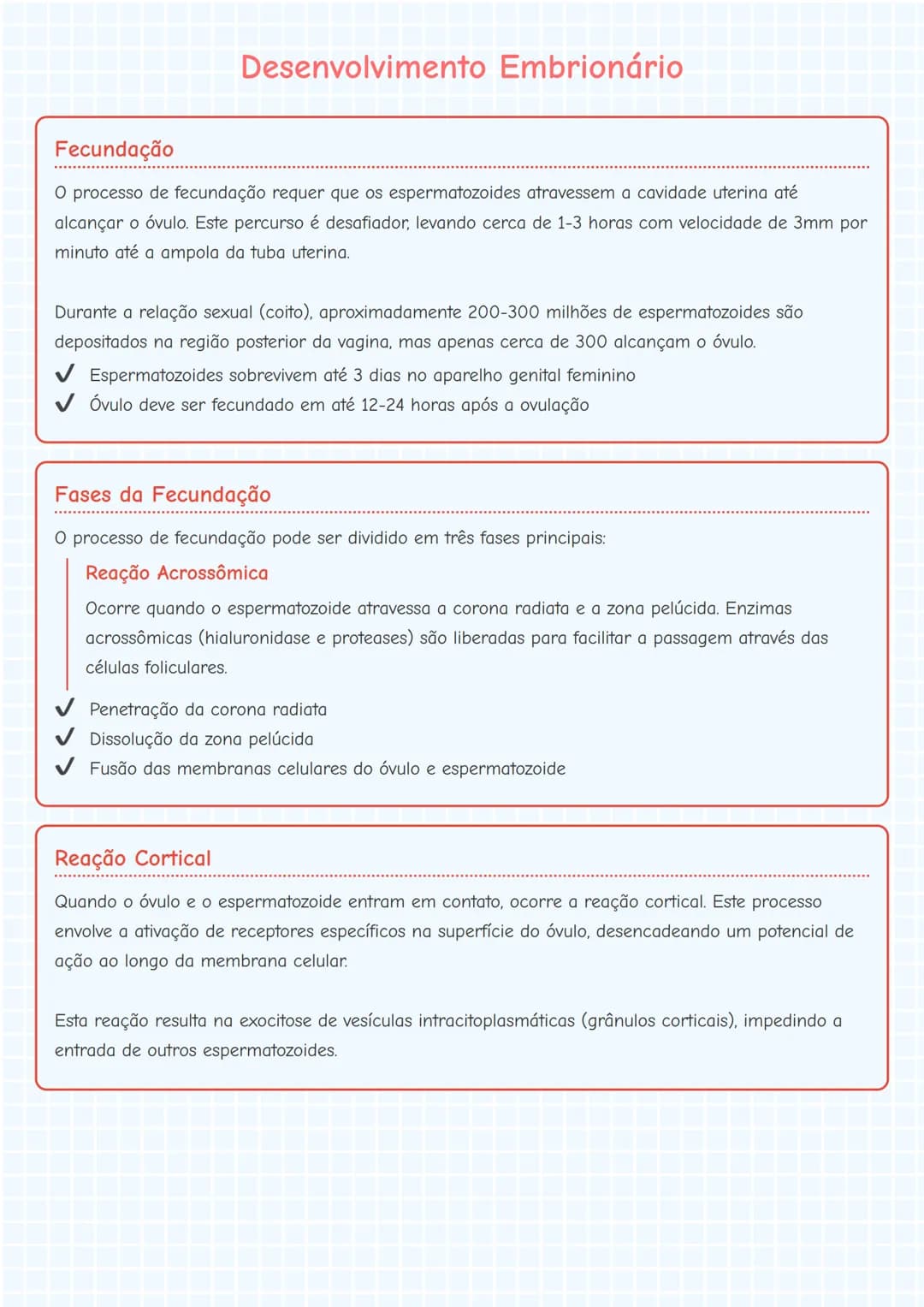 --- OCR Start ---
Desenvolvimento Embrionário
Fecundação
O processo de fecundação requer que os espermatozoides atravessem a cavidade uterin