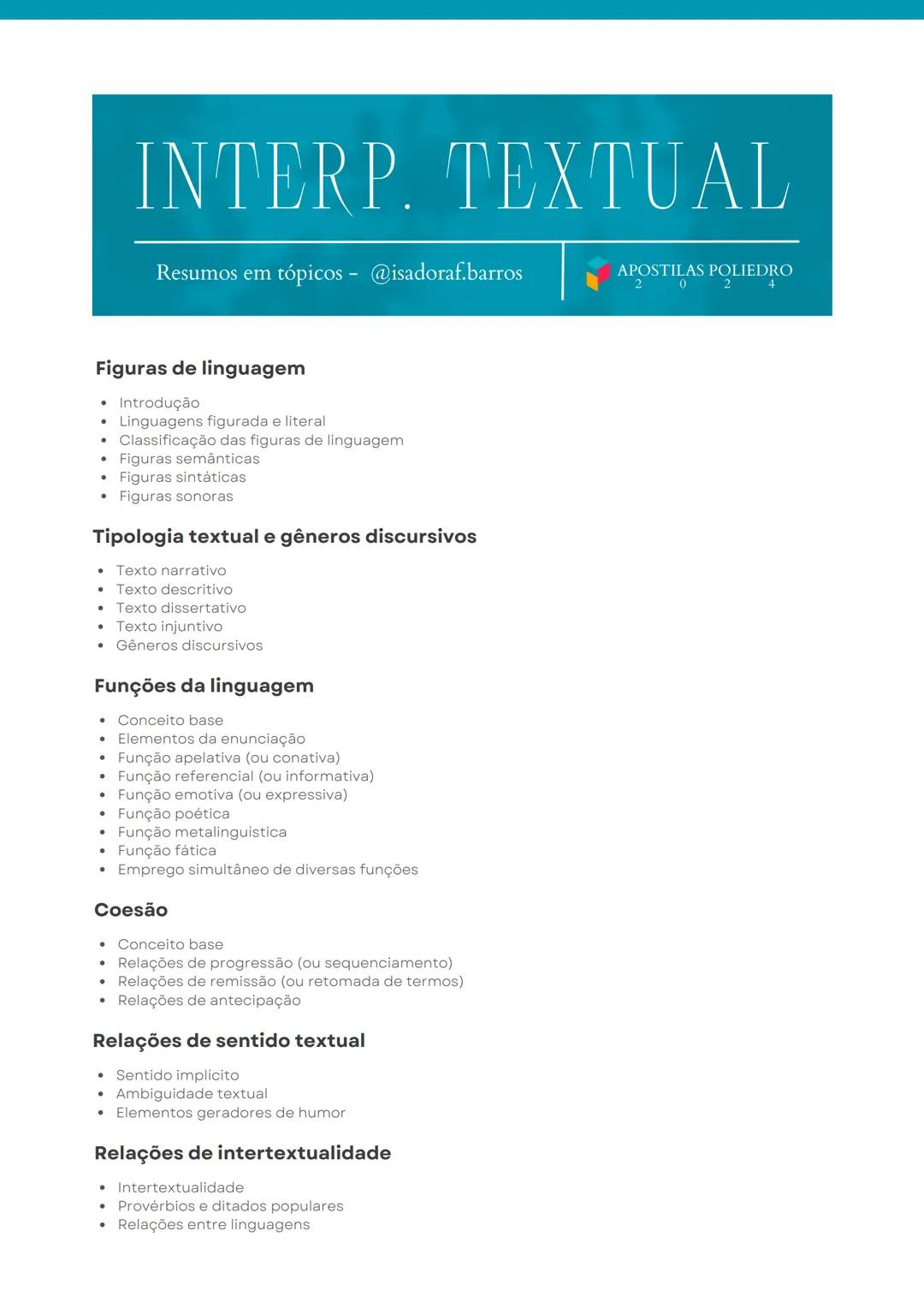 --- OCR Start ---
INTERP. TEXTUAL
Resumos em tópicos - @isadoraf.barros
APOSTILAS POLIEDRO
2
0
Figuras de linguagem
Introdução
Linguagens fi