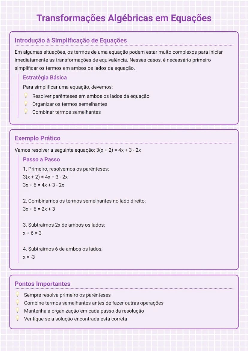 # Transformações Algébricas em Equações

# Introdução à Simplificação de Equações
Em algumas situações, os termos de uma equação podem estar