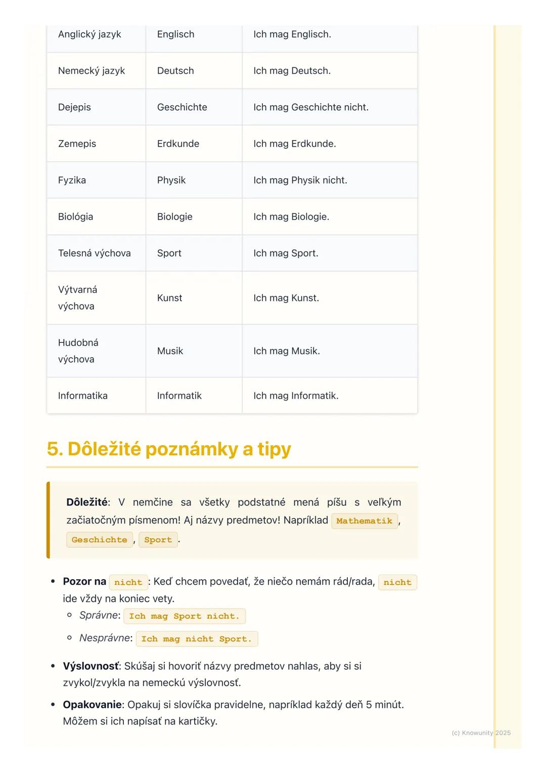 # Školské predmety

## 1. Prehľad a úvod

Ahoj! Dnes si píšem poznámky k téme školské predmety v nemčine. Je to
dôležité, aby som vedel/vede