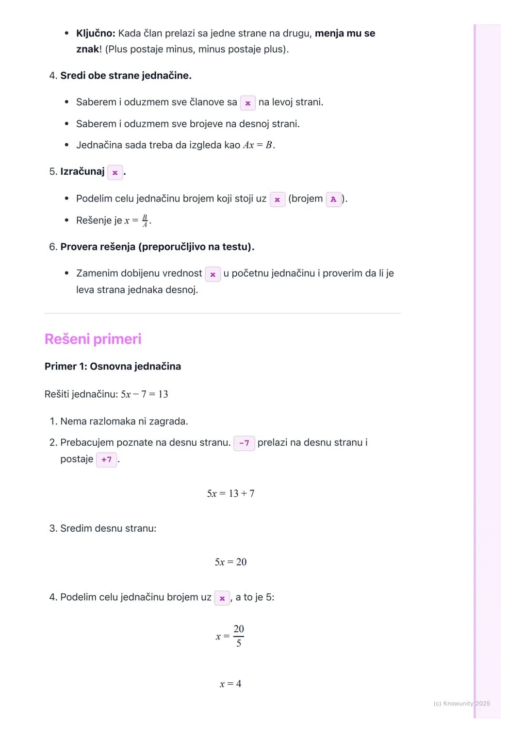 # Linearne jednačine sa jednom
nepoznatom

Uvod u linearne jednačine

Linearne jednačine su kao zagonetke gde treba da pronađemo vrednost
ne