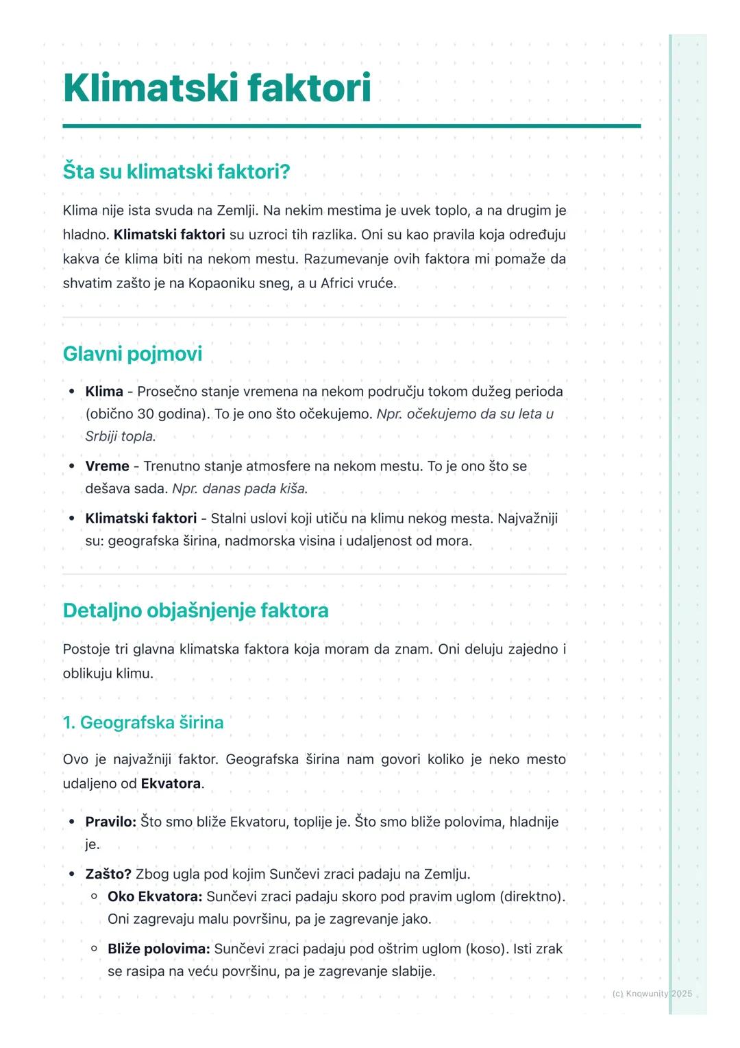 # Klimatski faktori

Šta su klimatski faktori?

Klima nije ista svuda na Zemlji. Na nekim mestima je uvek toplo, a na drugim je
hladno. Klim