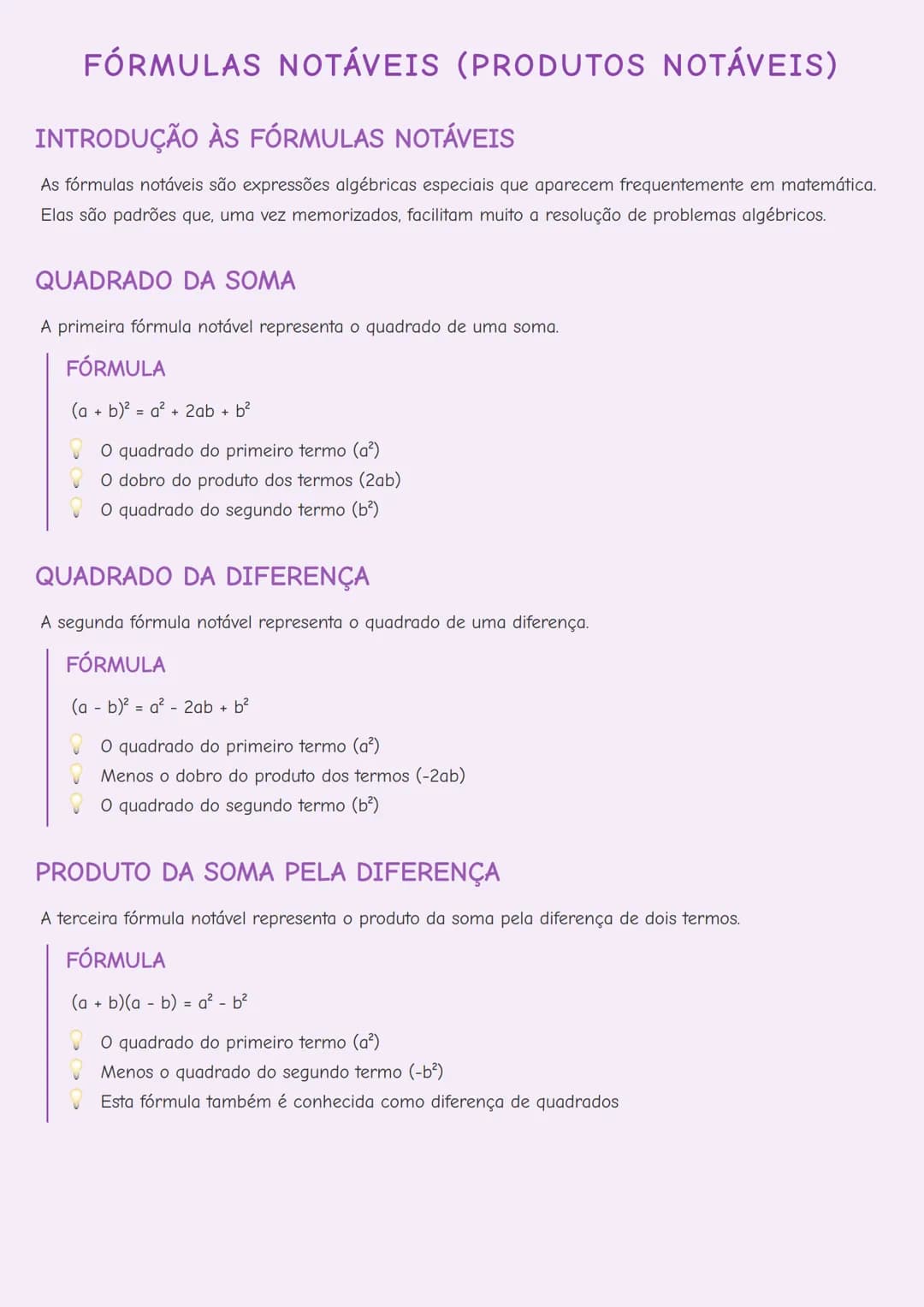 # FÓRMULAS NOTÁVEIS (PRODUTOS NOTÁVEIS)

# INTRODUÇÃO ÀS FÓRMULAS NOTÁVEIS
As fórmulas notáveis são expressões algébricas especiais que apar