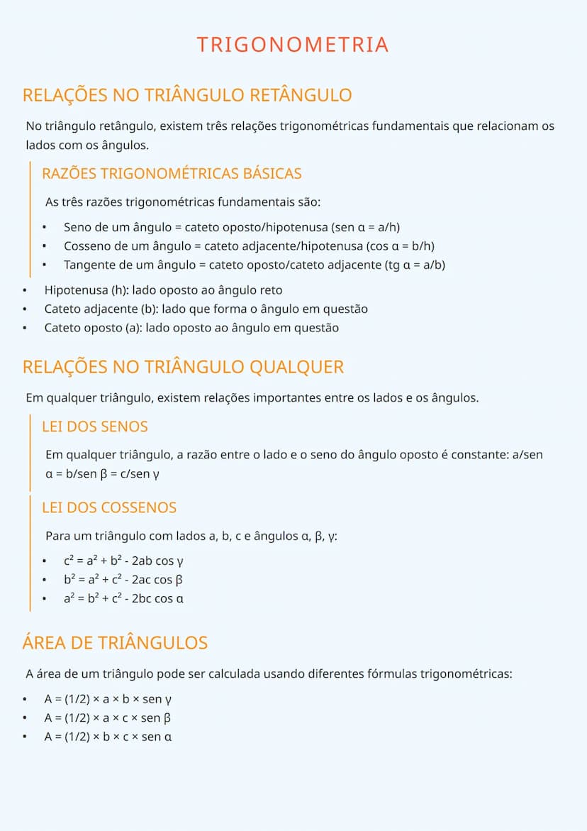 --- OCR Start ---
TRIGONOMETRIA
RELAÇÕES NO TRIÂNGULO RETÂNGULO
No triângulo retângulo, existem três relações trigonométricas fundamentais q