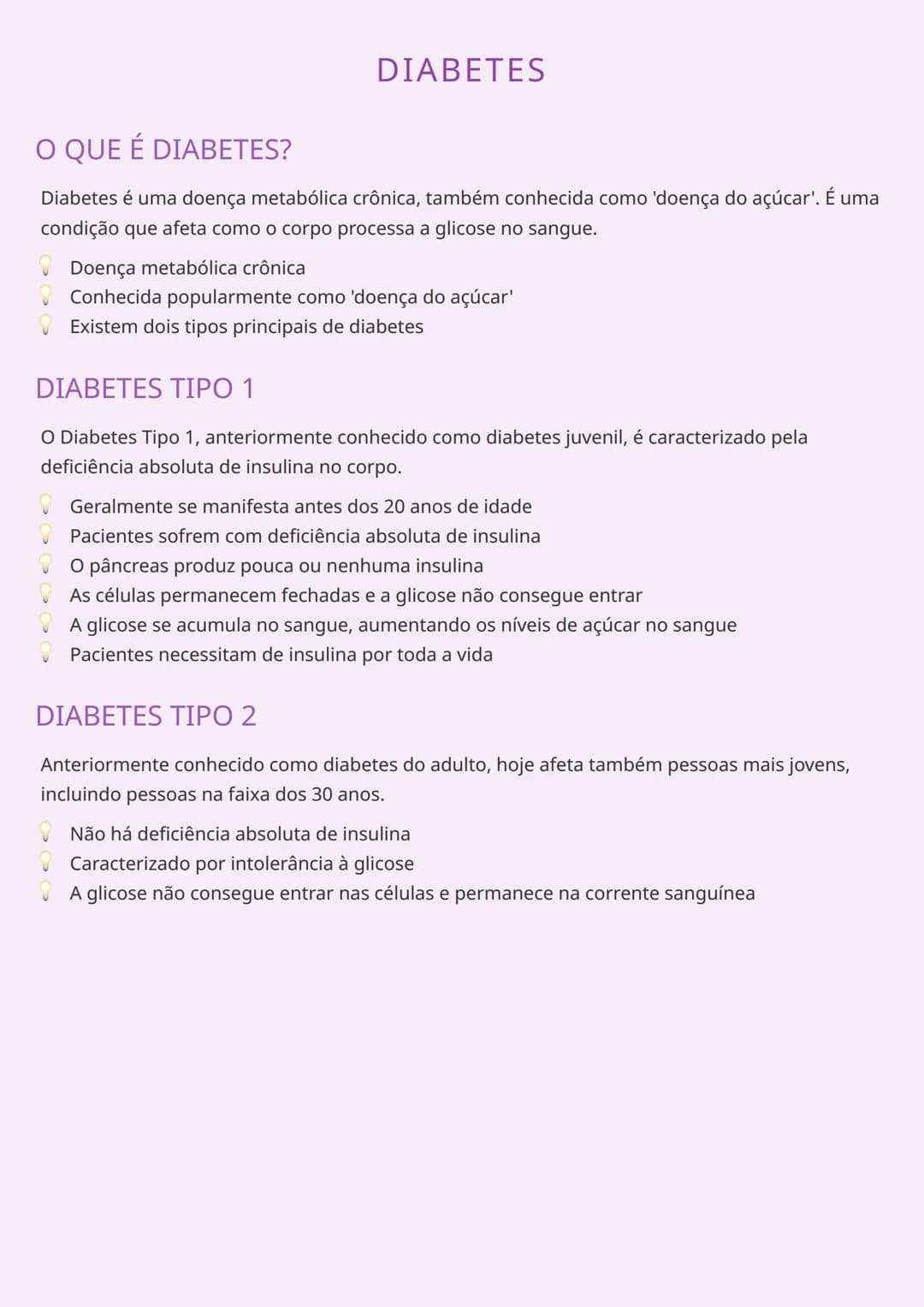 # DIABETES

O QUE É DIABETES?

Diabetes é uma doença metabólica crônica, também conhecida como 'doença do açúcar'. É uma
condição que afeta 