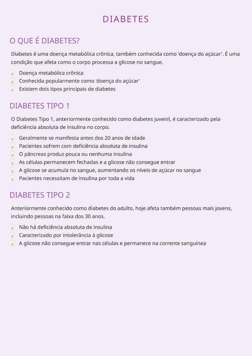 # DIABETES

O QUE É DIABETES?

Diabetes é uma doença metabólica crônica, também conhecida como 'doença do açúcar'. É uma
condição que afeta 