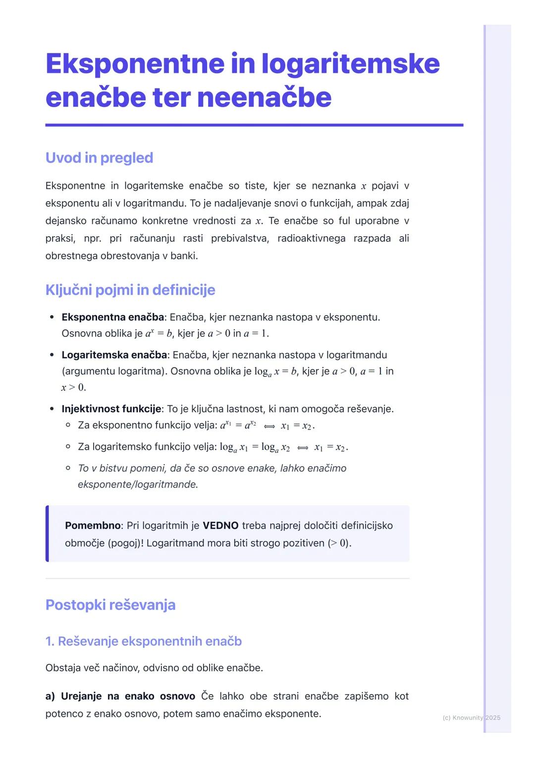 # Eksponentne in logaritemske
enačbe ter neenačbe

Uvod in pregled

Eksponentne in logaritemske enačbe so tiste, kjer se neznanka x pojavi v