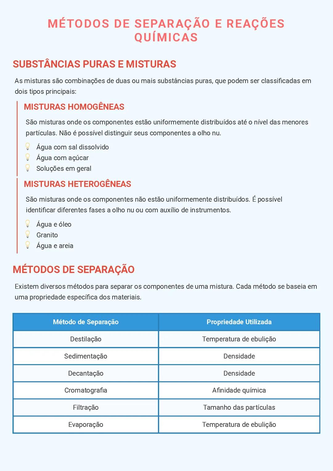Métodos de Separação e Reações Químicas