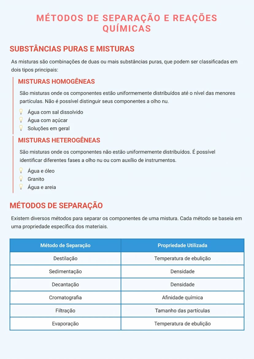 # MÉTODOS DE SEPARAÇÃO E REAÇÕES
# QUÍMICAS

# SUBSTÂNCIAS PURAS E MISTURAS
As misturas são combinações de duas ou mais substâncias puras, q