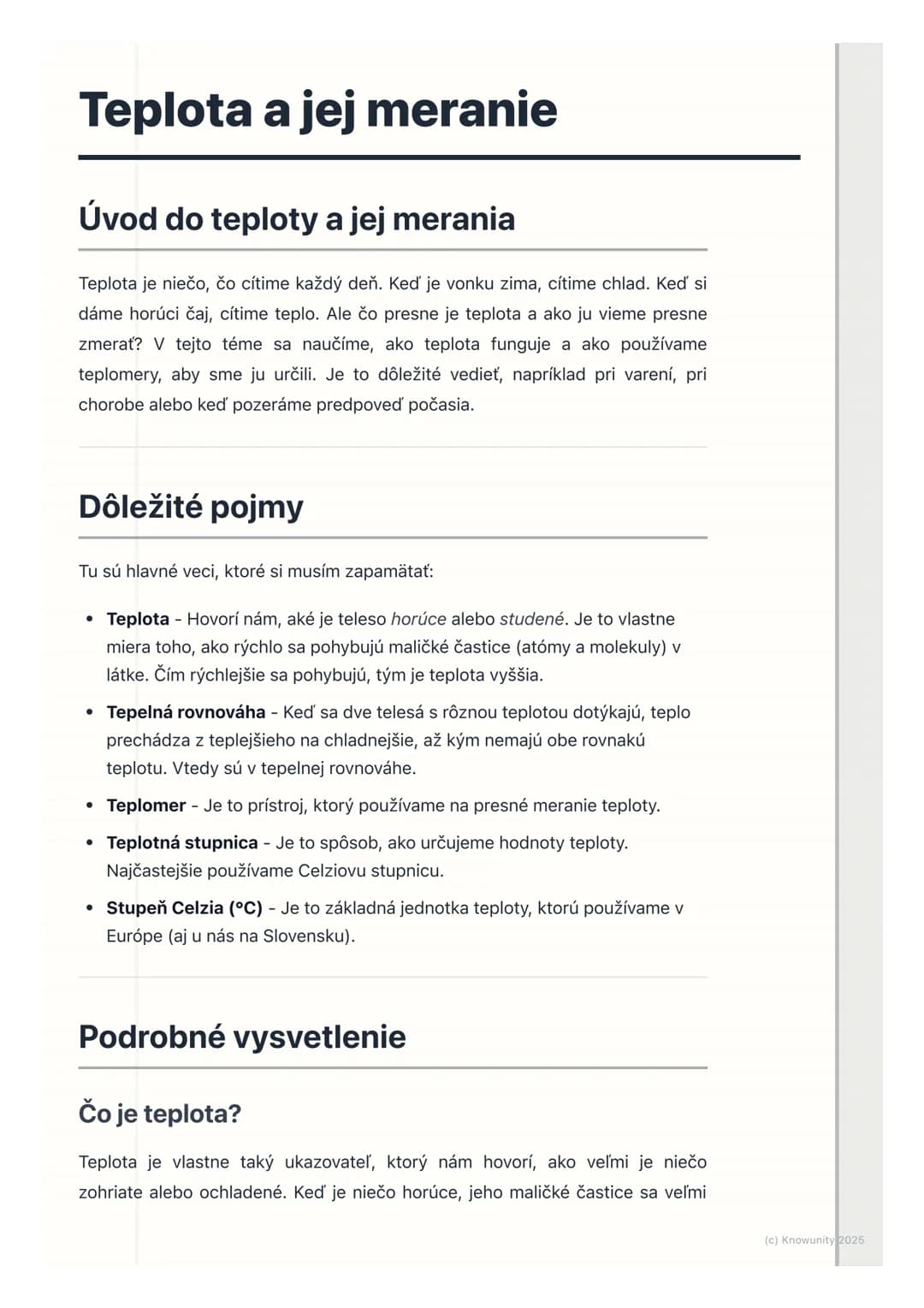 # Teplota a jej meranie

## Úvod do teploty a jej merania

Teplota je niečo, čo cítime každý deň. Keď je vonku zima, cítime chlad. Keď si
dá