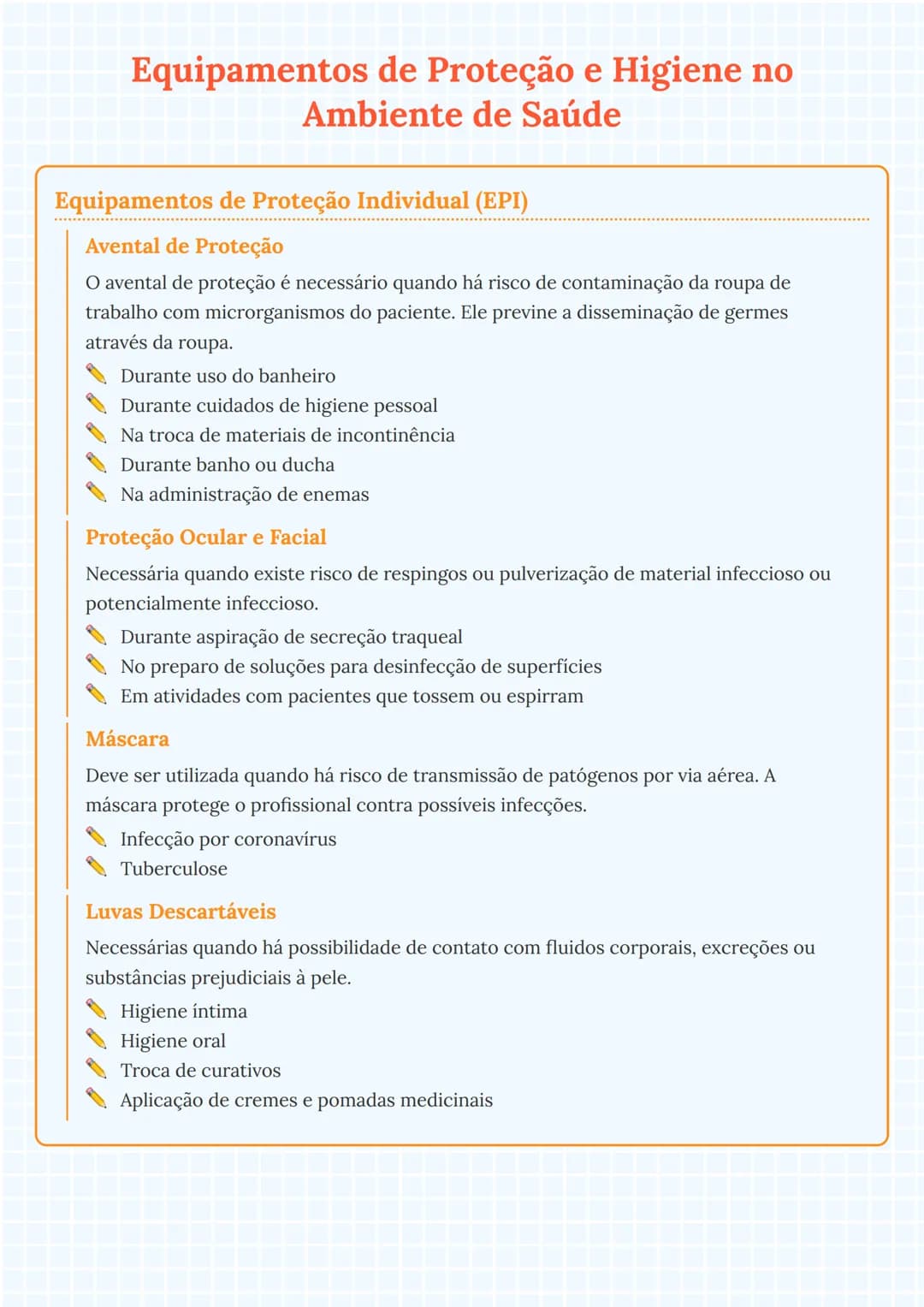 # Equipamentos de Proteção e Higiene no
# Ambiente de Saúde

# Equipamentos de Proteção Individual (EPI)

## Avental de Proteção

O avental 