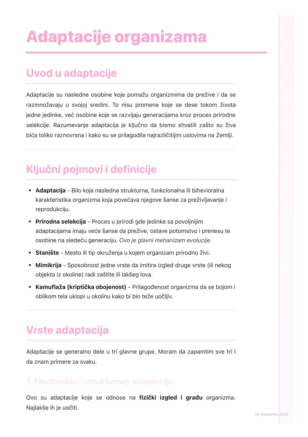 # Adaptacije organizama

Uvod u adaptacije

Adaptacije su nasledne osobine koje pomažu organizmima da prežive i da se
razmnožavaju u svojoj 