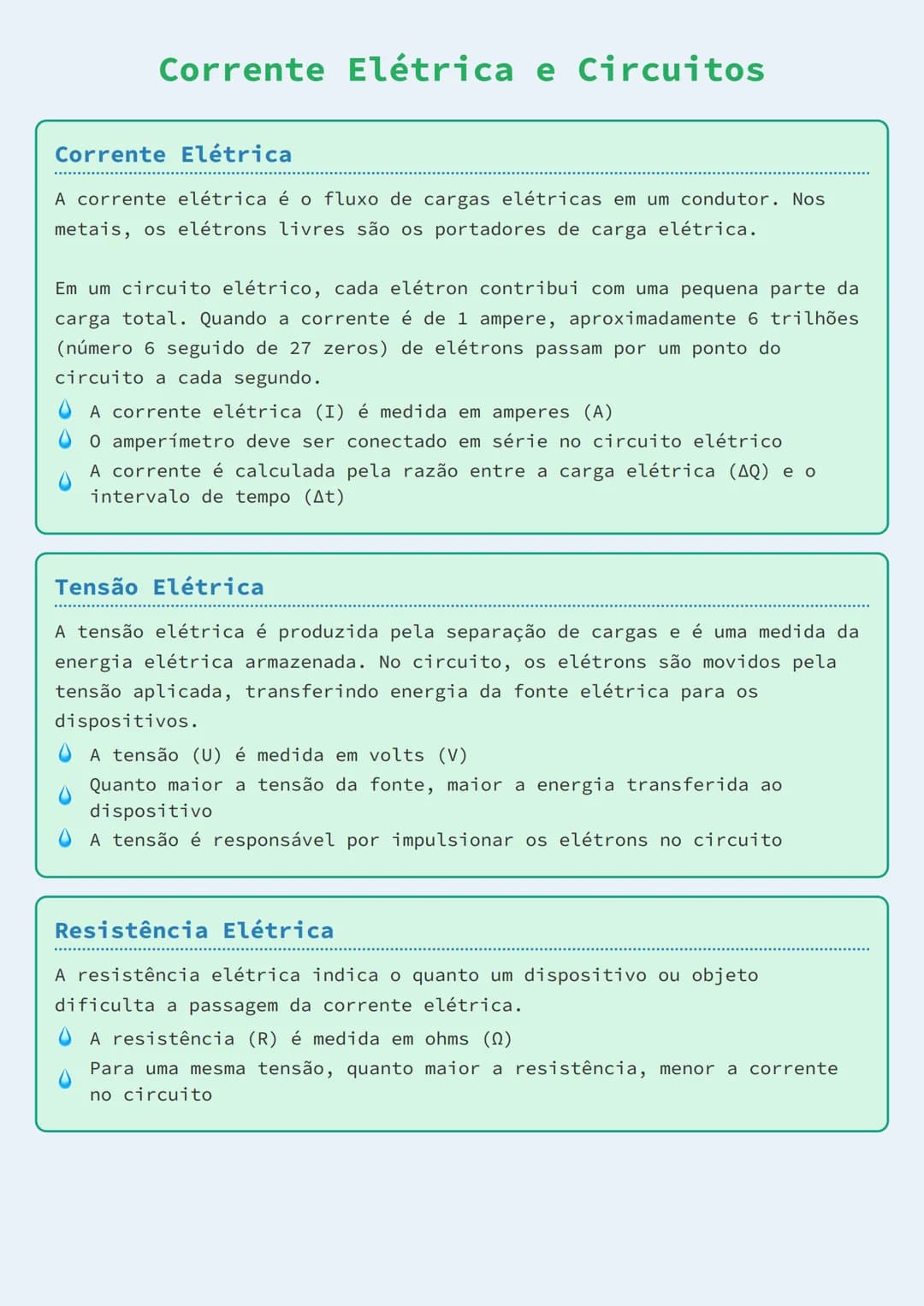 # Corrente Elétrica e Circuitos

## Corrente Elétrica
A corrente elétrica é o fluxo de cargas elétricas em um condutor. Nos
metais, os elétr
