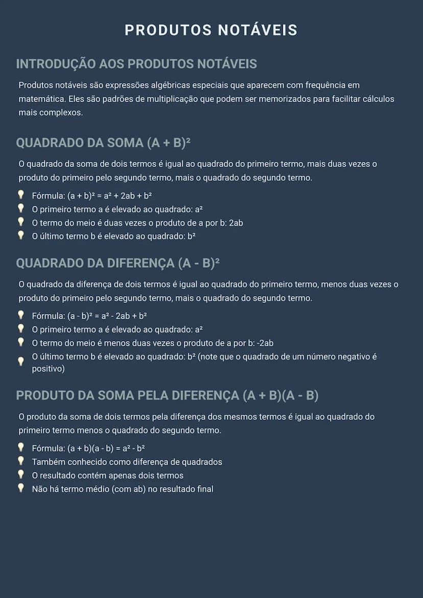 # PRODUTOS NOTÁVEIS

# INTRODUÇÃO AOS PRODUTOS NOTÁVEIS
Produtos notáveis são expressões algébricas especiais que aparecem com frequência em