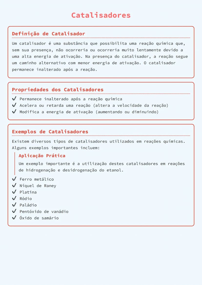 # Catalisadores

## Definição de Catalisador
Um catalisador é uma substância que possibilita uma reação química que,
sem sua presença, não o