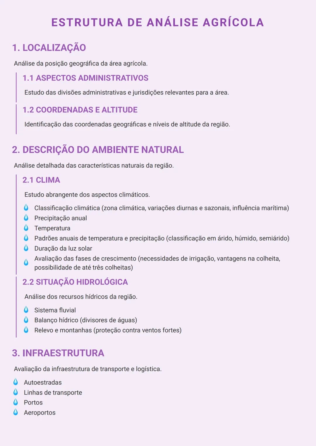 # ESTRUTURA DE ANÁLISE AGRÍCOLA

1. **LOCALIZAÇÃO**
Análise da posição geográfica da área agrícola.

1.1 **ASPECTOS ADMINISTRATIVOS**
Estudo