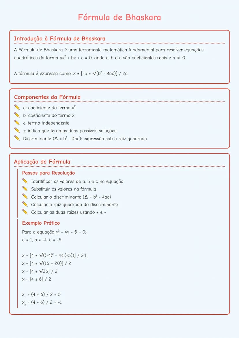 # Fórmula de Bhaskara

## Introdução à Fórmula de Bhaskara
A Fórmula de Bhaskara é uma ferramenta matemática fundamental para resolver equaç